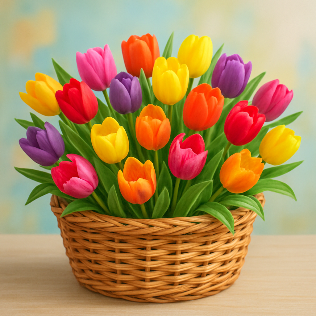 Colorful tulips in a basket